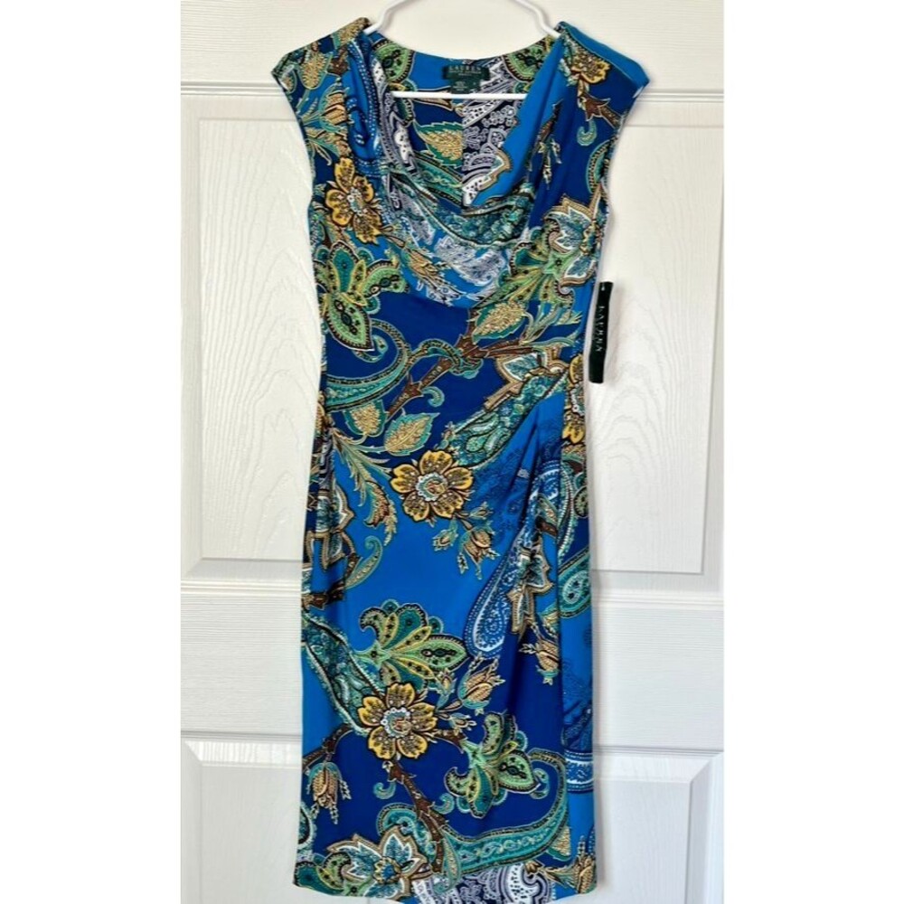 Lauren Ralph Lauren Dress Womens 2 NWT Blue Paisley Cowl Neck Ruched Sheath